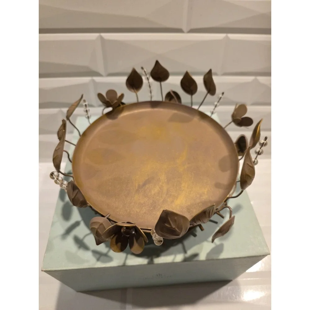 Partylite #3302 Golden Leaves 3-Wick Metal Bronze Color Candle Holder Tray - Picture 2 of 9